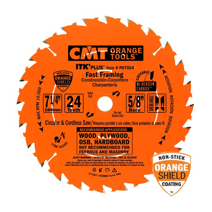CMT P07024 ITK Plus Fast Framing Saw Blade, 7-1/4 x 24 Teeth, 10° ATB+Shear with 5/8-Inch<> bore