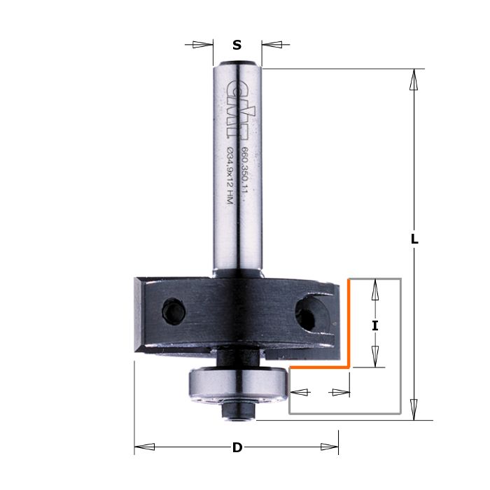 CMT 660.851.11 Insert Carbide Rabbeting Bit, 3/8-Inch Cutting Depth, 1-3/8-Inch Diameter, 1/2-Inch Shank