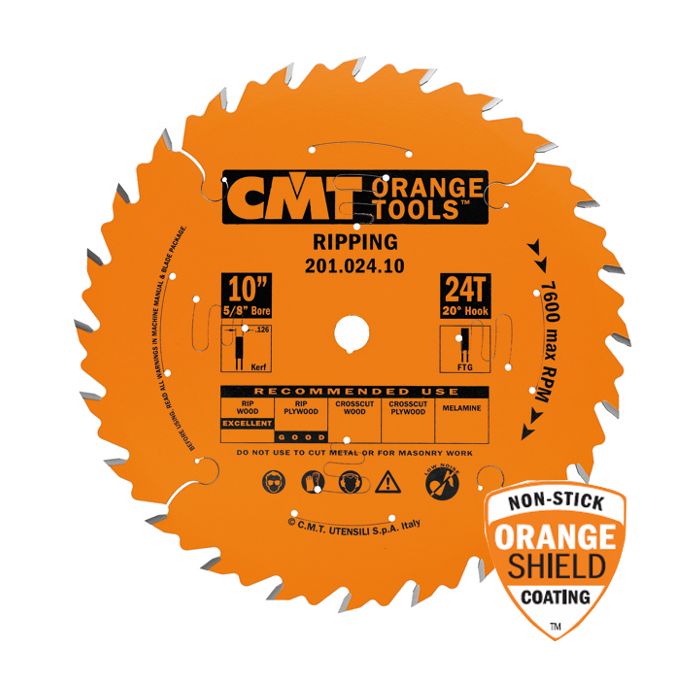 CMT 201.024.10 Industrial Ripping Saw Blade, 10-Inch. x 24 Teeth FTG Grind with 5/8-Inch. Bore, PTFE Coating
