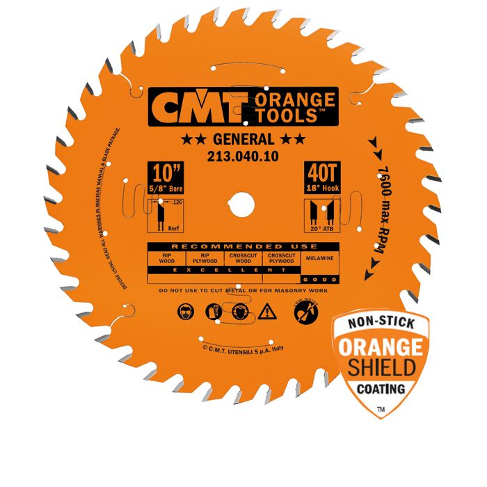 CMT 213.040.10 Industrial General Purpose Saw Blade, 10-Inch x 40 Teeth 20° ATB Grind with 5/8-Inch Bore, PTFE Coating