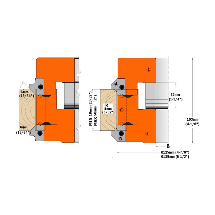 CMT 695.005.B2 Pair of Bottom Knives for 2-Piece Adjustable Rounding & Chamfering Set, 5/64-Inch Radius, 45° Chamfer Shaper Cutter