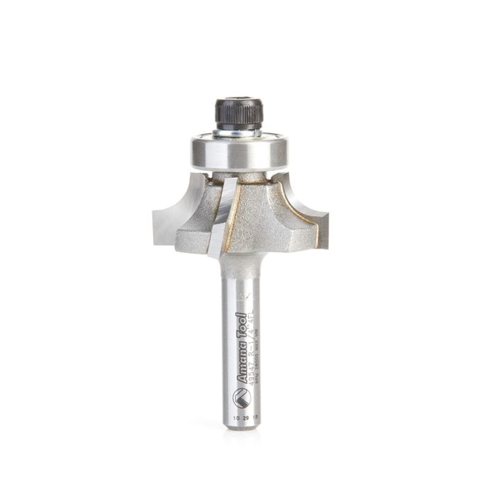 Amana tool 49547 Carbide Tipped 4 Flute Corner Rounding/Beading 1/4 R x 1-1/8 D x 7/16 CH x 1/4 Inch SHK w/ Lower Bal Bearing Router Bit