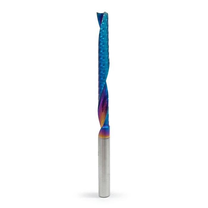 Amana tool 51646-K CNC Spektra Coated SC Spiral O Single Flute, Plastic Cutting 1/4 D x 2-1/4 CH x 1/4 SHK x 3-3/4 Inch Long Up-Cut Router Bit with Mirror Finish
