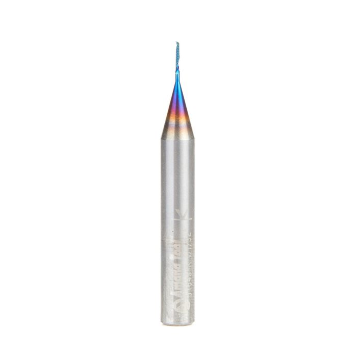 Amana tool 51649-K CNC Spektra Coated SC Spiral O Single Flute, Plastic Cutting 1/32 D x 3/16 CH x 1/4 SHK x 2 Inch Long Up-Cut Router Bit with Mirror Finish