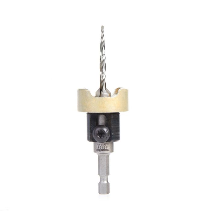 Amana tool 55153 Carbide Tipped 82 Degree Countersink with Tapered Dril and Adjustable Depth Stop with No-Thrust BB, 3/8 D x 5/32 Dril D x 1/4 Inch Quick Release Hex SHK