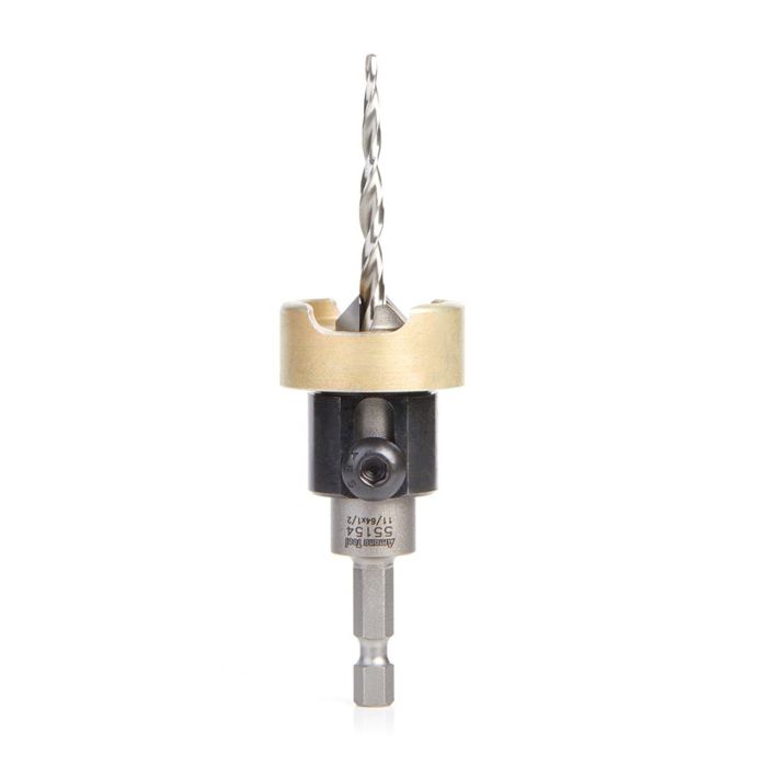 Amana tool 55154 Carbide Tipped 82 Degree Countersink with Tapered Dril and Adjustable Depth Stop with No-Thrust BB, 1/2 D x 11/64 Dril D x 1/4 Inch Quick Release Hex SHK