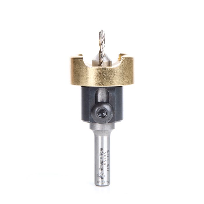 Amana tool 55193 Carbide Tipped Countersink with No Burning and No Marring Adjustable Depth Stop with No-Thrust BB, 3/8 D x 1/8 Dril D x 5/16 Inch Round SHK