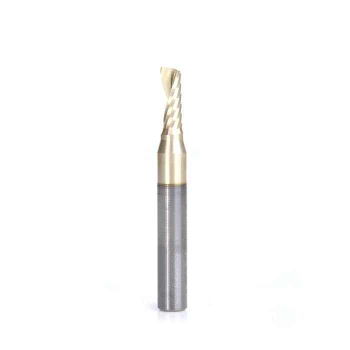 Amana tool 57353-Z SC Spiral O Single Flute, Improved Surface Finish Aluminum Cutting 3/16 D x 1/2 CH x 1/4 SHK x 2 Inch Long Up-Cut ZrN Coated Router Bit with Mirror Finish