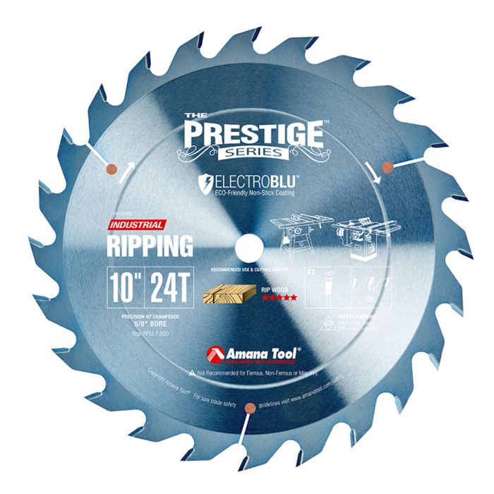 Amana tool 610240C Electro-Blu Carbide Tipped Prestige Ripping Standard 10 Inch D x 24T FT, 20 Deg, 5/8 Bore, Non-Stick Coated Circular Saw Blade