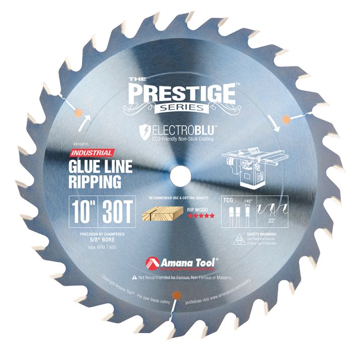 Amana tool 610301C Electro-Blu Carbide Tipped Prestige Glue Line Ripping 10 inch D x 30T TCG, 22 Deg, 5/8 Bore, Non-Stick Coated Circular Saw Blade