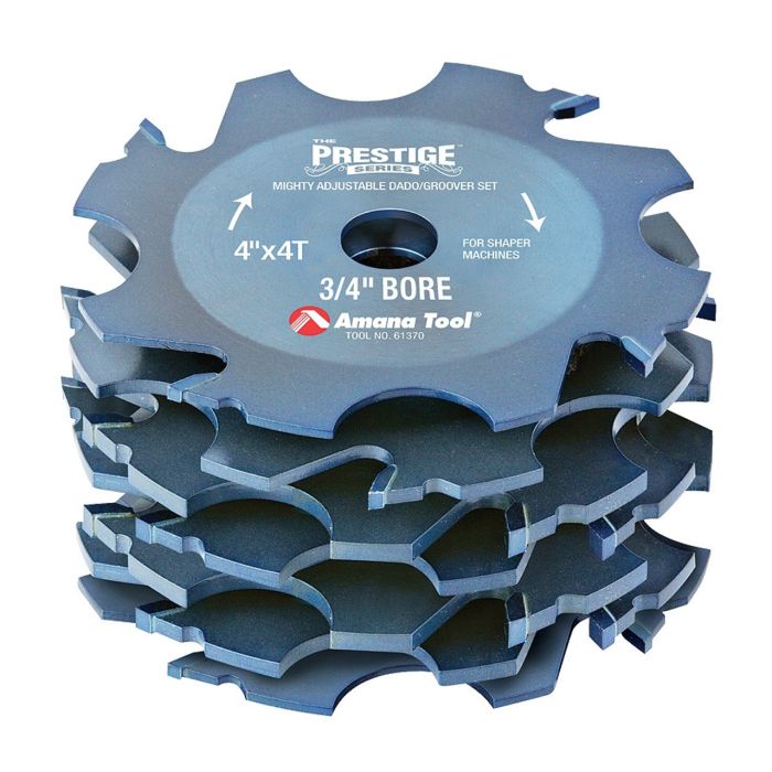 Amana tool 61370 Prestige Mighty Super-Fine Carbide Tipped Adjustable Dado/Groover 4 D x 4 Teeth x -10 Deg Hook Angle x 1/4 to 1 Kerf x 3/4 Inch Bore x ATB Grind 7-PC Set for Shaper Machines
