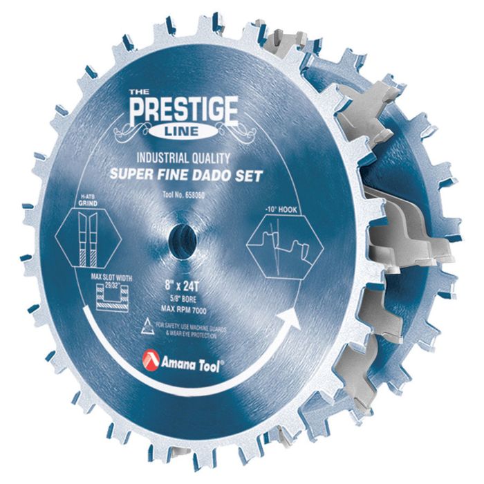 Amana tool 658060C Electro-Blu Coated Carbide Tipped Prestige Dado 8 Inch D x 24T H- ATB, 5/8 Inch Bore, Complete Dado Set