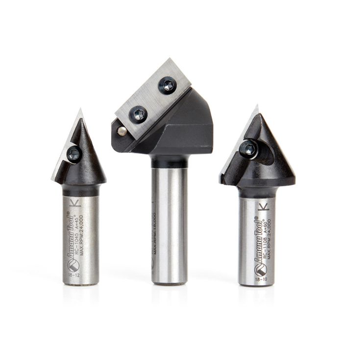 Amana tool AMS-157 3-Pc 3D CNC Signmaking, Lettering & Engraving Insert SC 45, 60, & 90 Deg x 1/2 SHK V-Groove Router Bit Pack