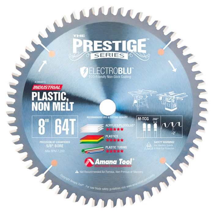 Amana tool LB86401C Electro-Blu Carbide Tipped Prestige Non-Melt Plastic 8 Inch D x 64T M-TCG, -2 Deg, 5/8 Bore, Non-Stick Coated Circular Saw Blade