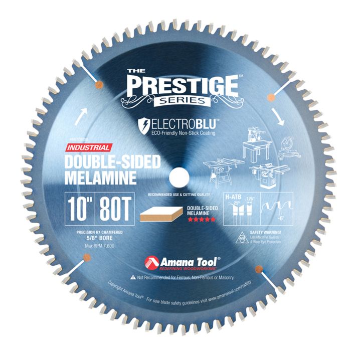 Amana tool MB10800C Electro-Blu Carbide Tipped Prestige Double-Face Melamine 10 Inch D x 80T H-ATB, -6 Deg, 5/8 Bore, Non-Stick Coated Circular Saw Blade