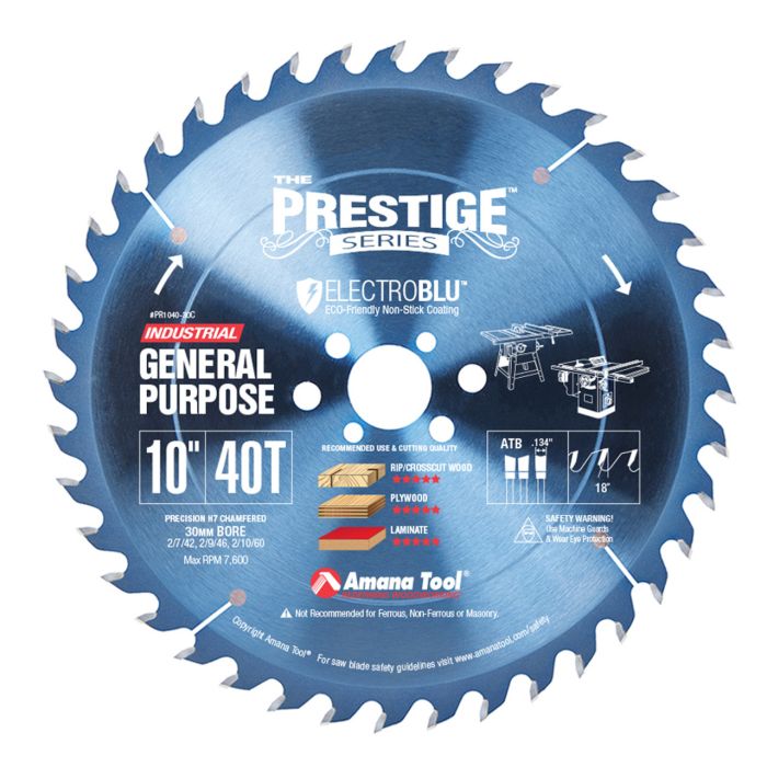 Amana tool PR1040-30C Electro-Blu Carbide Tipped Prestige 10 Inch D 40T ATB, 18 Deg, 30mm Bore, Non-Stick Coated Circular Saw Blade