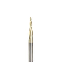 Amana 46252 CNC 2D and 3D Carving 5.5 Deg Tapered Angle Ball Tip x 1/16 Dia x 1/32 Radius x 1 x 1/4 Shank x 2-23/64 Inch Long x 2 Flute Solid Carbide Up-Cut Spiral ZrN Coated Router Bit
