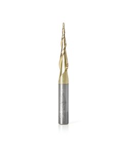 Amana 46256 CNC 2D and 3D Carving 5.4 Deg Tapered Angle Ball Tip x 1mm Dia x 0.5mm Radius x 1-7/64 x 1/4 Shank x 2-23/64 Inch Long x 2 Flute Solid Carbide Up-Cut Spiral ZrN Coated Router Bit