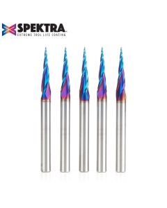 Amana 46280-K-5 5-Pack CNC 2D and 3D Carving 6.2 Deg Tapered Angle Ball Tip x 1/32 Dia x 1/64 Radius x 1  x 1/4 Shank x 3 Inch Long x 3 Flute Solid Carbide Up-Cut Spiral Spektra™ Extreme Tool Life Coated Router Bit