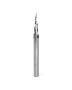 Amana 46280-U CNC 2D and 3D Carving 6.2 Deg Tapered Angle Ball Tip x 1/32 Dia x 1/64 Radius x 1 x 1/4 Shank x 3 Inch Long x 3 Flute Solid Carbide Up-Cut Spiral Router Bit