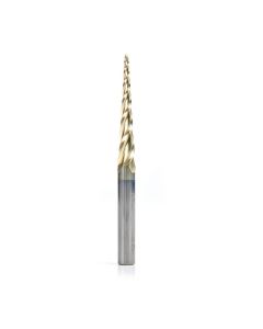 Amana 46281 CNC 2D and 3D Carving 3.6 Deg Tapered Angle Ball Tip 1/16 Dia x 1/32 Radius x 1-1/2 x 1/4 Shank x 3 Inch Long x 3 Flute Solid Carbide Up-Cut Spiral ZrN Coated Router Bit